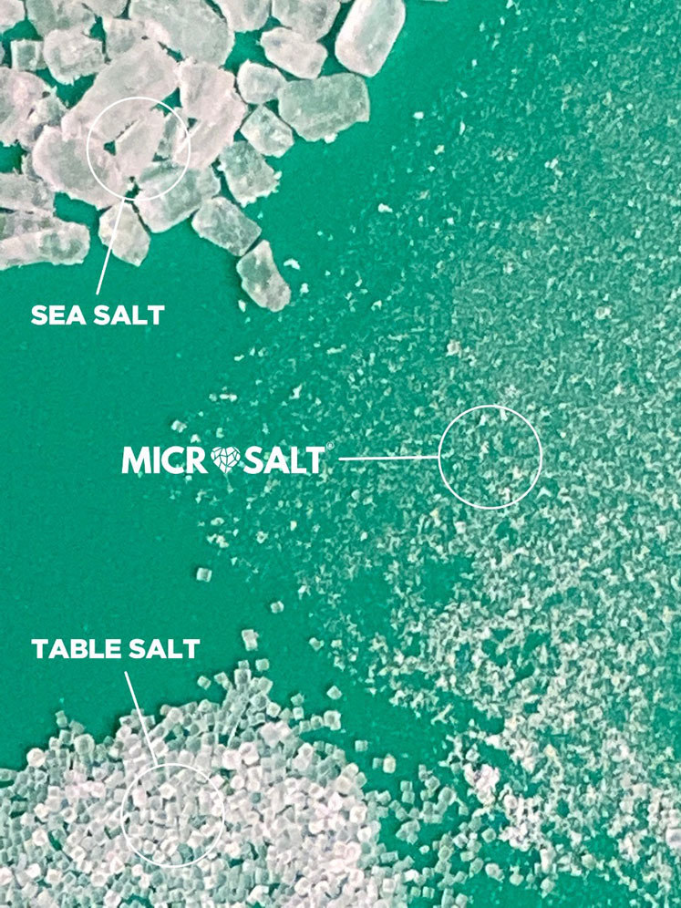 Figure 1: Comparative sizes of sea salt, table salt and Microsalt crystals