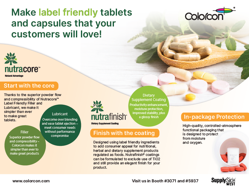Colorcon featuring label friendly excipients and coatings at SupplySide West